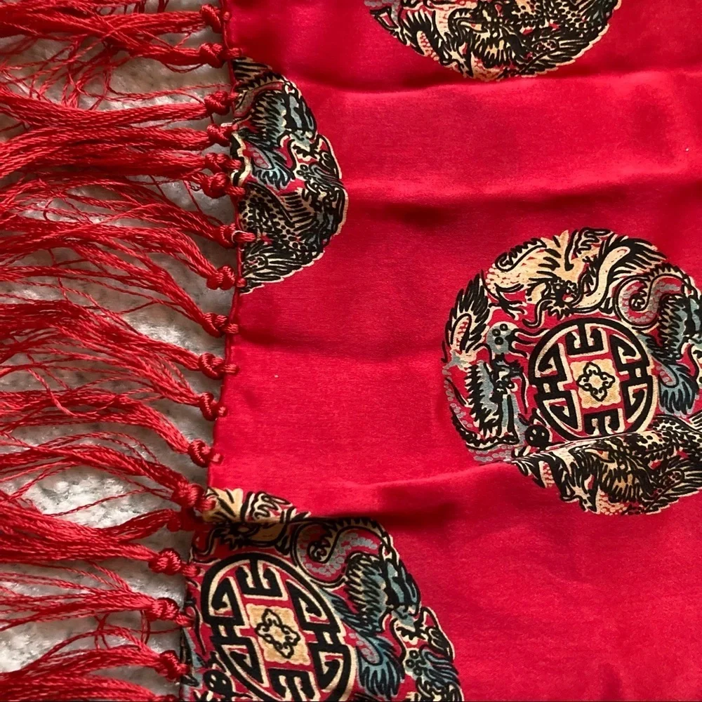 100% silk red fringed scarf